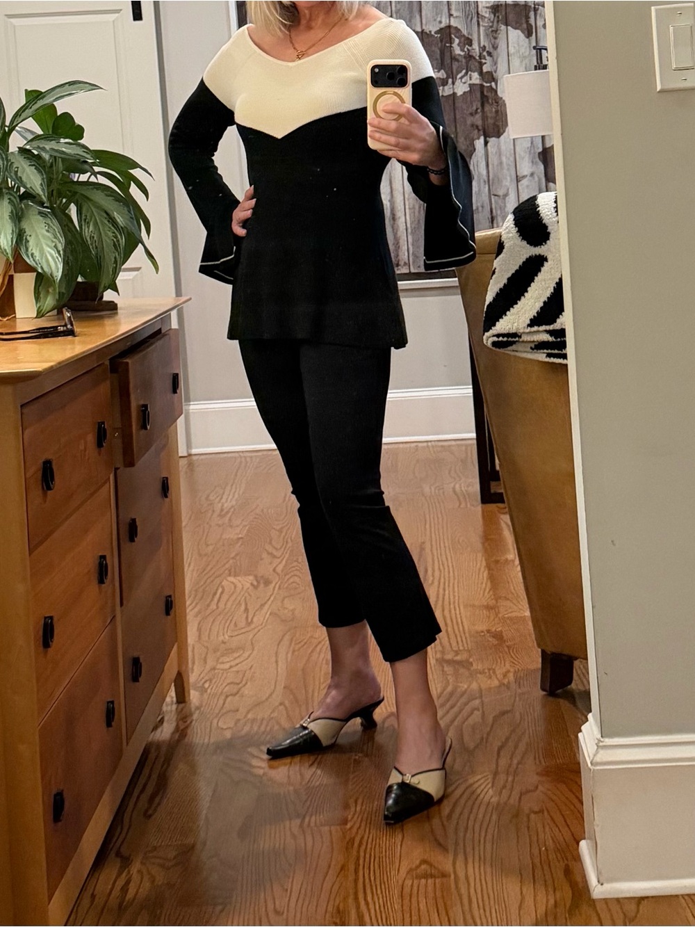 Ann Taylor Cream and Black Peplum Sweater